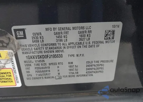 2015 GMC Acadia Slt-2 z USA, uszkodzony, nr VIN 1GKKVSKD0FJ195630